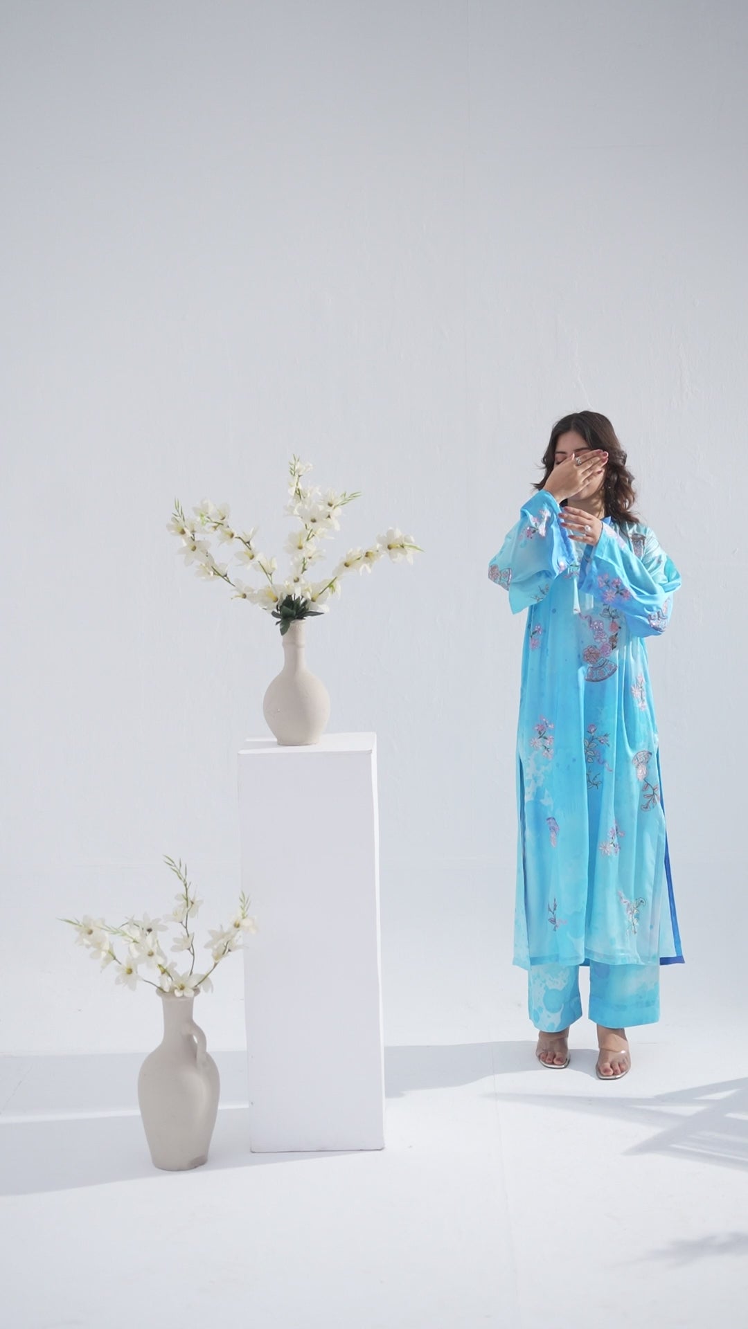 Azure Breeze - Printed Shamoz Silk Long Shirt 2Pc (EPSS2P-04)